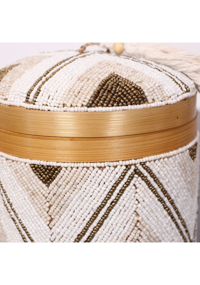 Bali Boncuklu Bambu Saklama Kutusu M 15x17 Cm Beyaz