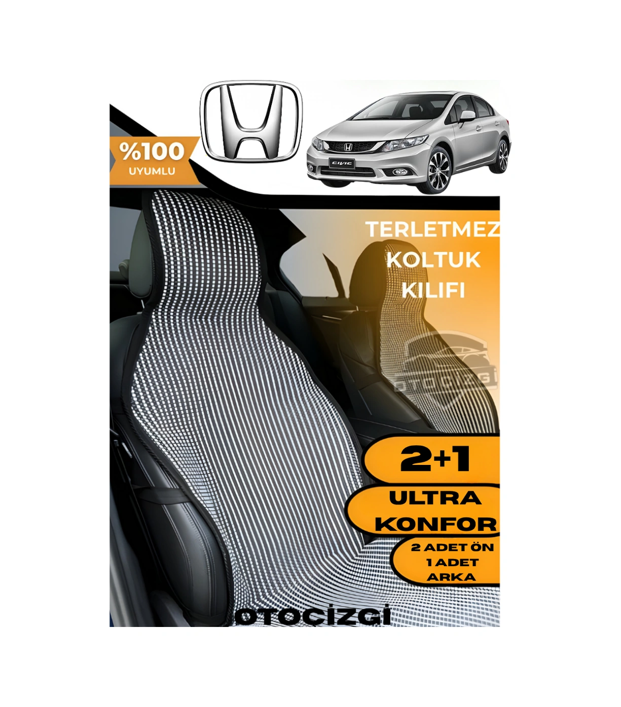Honda Civic Uyumlu Siyah Kilim Tipi Terletmez Koltuk Kılıfı 2+1 Ultra Konfor Seti