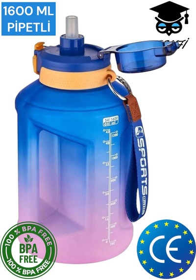 1600 Ml Çift Renk Pipetli Taşıma Askılı Ve Kulplu Motivasyon Su Matarası Vagonlife 2307 001