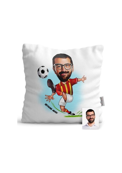 Kişiye Özel Futbolcu Sarı Kırmızı Karikatür Saten Yastık - 1