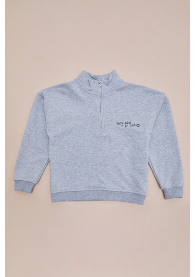 Fullamoda 3 İplik Yarım Fermuarlı Dik Yaka Kız Çocuk Sweatshirt Gri
