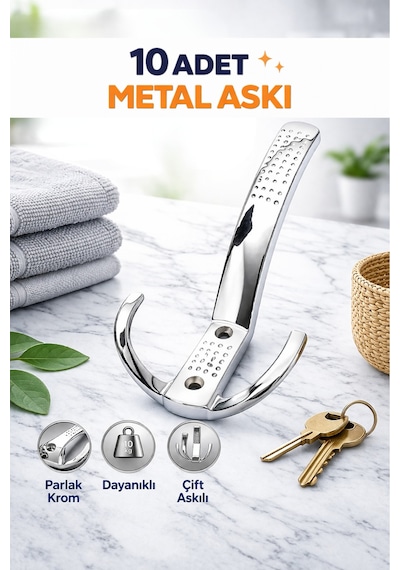 10 Adet Noktalı Metal Vestiyer Askısı Parlak Krom Portmanto Dolap Elbise Askılığı Şık Mobilya Askı Gümüş