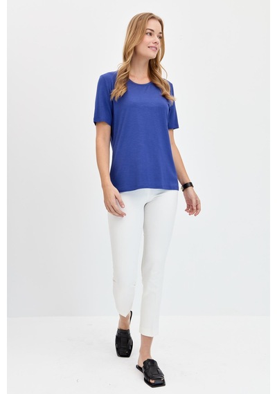 Kadın Sıfır Yaka Flamlı Kumaş Penye Tshirt İndigo Indigo