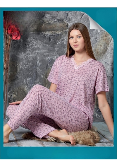 Sude Kadın Bambu Yakası Nakışlı V Yaka Kısa Kol Pijama Takımı P300/523 - 1 Adet 001