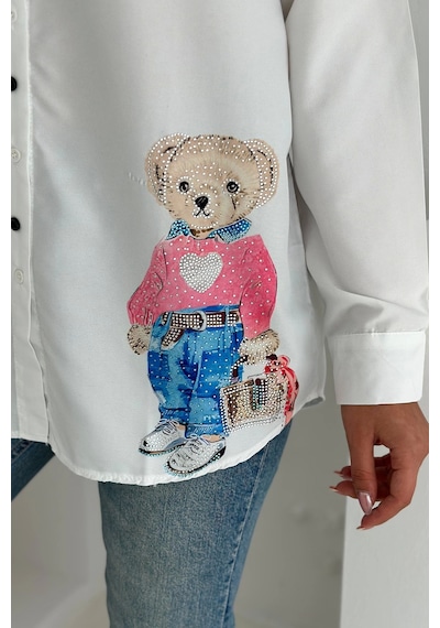 Asprin Fashion Ayıcık Baskılı Gömlek Beyaz Beyaz