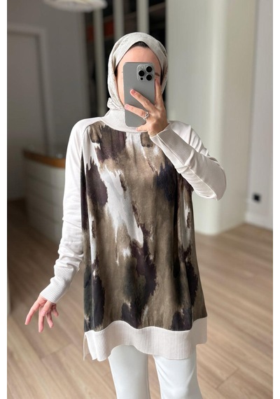 Kahijab Yan Fermuarlı Desenli Boğazlı Merserize Tunik - Krem