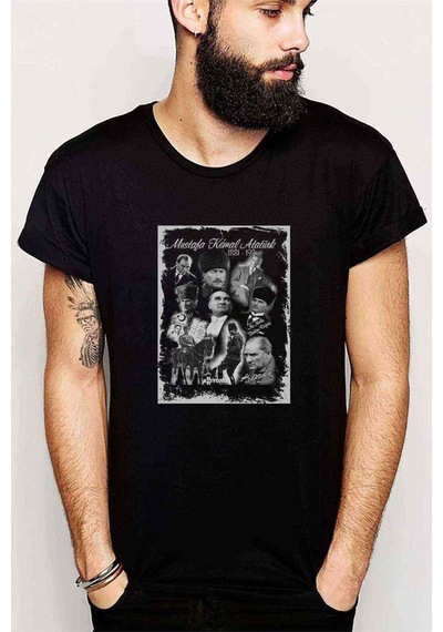 Atatürk Kolaj Baskılı Siyah Erkek Tshirt
