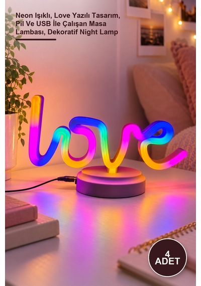 4 Adet Love Neon Masa Gece Lambası Neon Işıklı, Love Yazılı Tasarım, Pil Ve Usb İle Çalışan Masa Lambası, Dekoratif Night Lamp Diğer