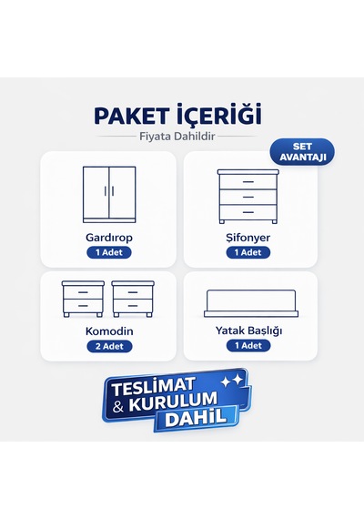Sahra Yatak Odası Takımı 6 Kapılı Gardırop 100% Mdf - Teslimat & Kurulum Dahil