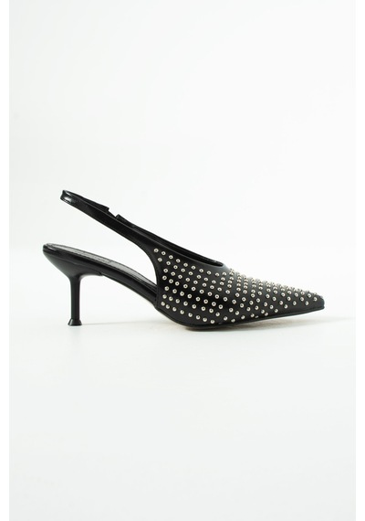 Duxal Shoes Joy Siyah Cilt Zımba Detaylı Sivri Burun Slingback Topuklu Ayakkabı