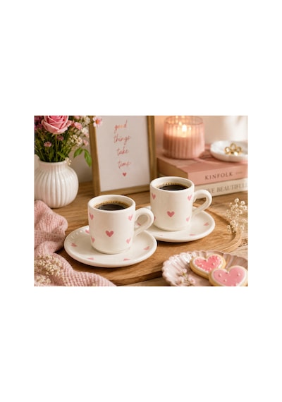 El Yapımı Seramik Türk Kahvesi Fincan Takımı,2 Kişilik-4 Parça Fincan Seti,75 Ml Çok Renkli - Pembe Kalp Desen