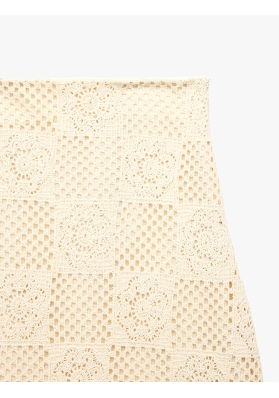 Koton A Kesim Çiçek Motif Detaylı Ajurlu Kroşe Midi Etek Ekru 6sak10339ek