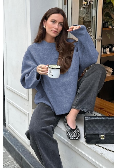 Madmext Madmext Bisiklet Yaka Oversize Triko Kazak MG1972 İndigo Madmext Madmext Bisiklet Yaka Oversize Triko Kazak MG1972 İndigo