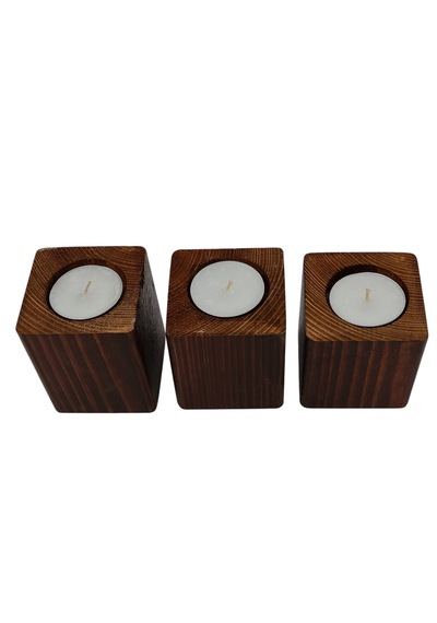 Doğal Ahşap Dekoratif Küp Mumluk 6 X 6 Cm 3 Lü Set Mum Dahil