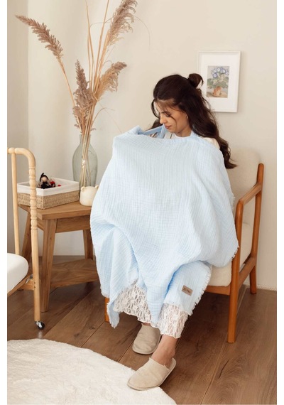 Zeypba %100 Pamuk 4 Katlı Müslin Emzirme Örtüsü & Puset Örtüsü Püsküllü 85x110 CM Bebe Mavi