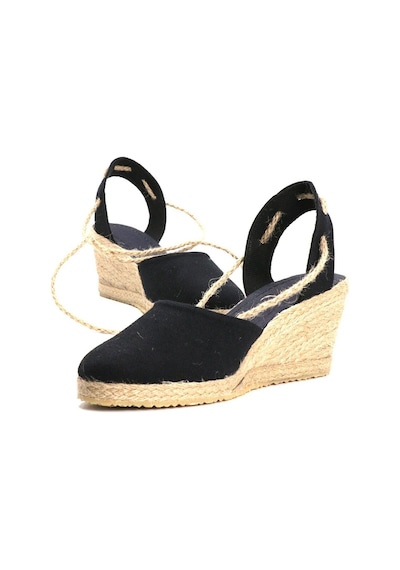 Gerçek Elişi Topuğu Açık Bilekten Bağlamalı Bej Dolgu Topuk Keten Hasır Espadril Handmade Siyah