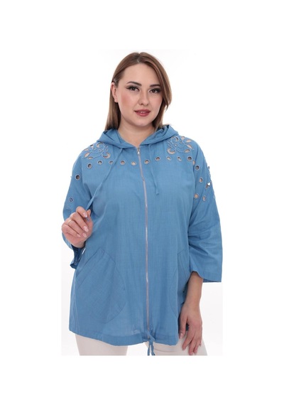Lady Majestic Büyük Beden %100 Cotton Kapüşonlu Hırka Rahat Ve Şık Tasarım - 44462 Mavi