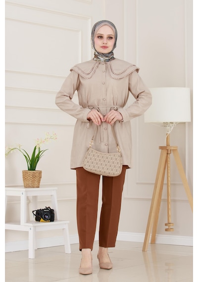 Sevitli Çift Yaka Dantelli Tunik-vizon-4980 Vizon