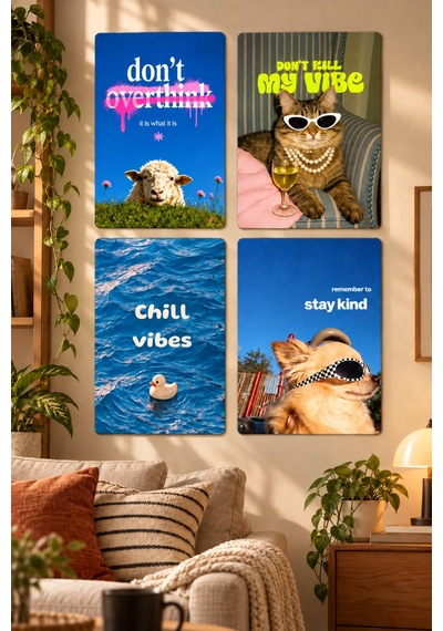 4'lü Dekoratif Metal Tablo Seti Chill Modern Duvar Dekorasyonu Chill Renk