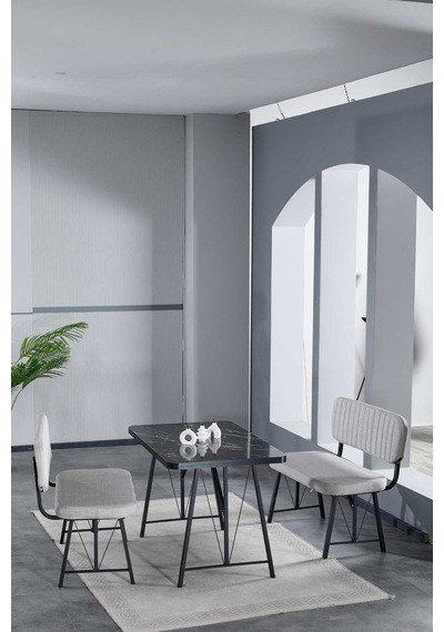 Hayat 70x110 Bendir Mutfak Masası, Mutfak Masası Takımı, Yemek Masası, 2 Benchli - Açık Gri Açık Gri