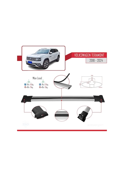 Volkswagen Teramont 2018 Ve Sonrası İle Uyumlu Fly Model Ara Atkı Tavan Barı Gri