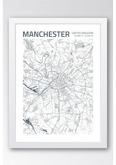 Manchester İngiltere Haritası Çerçeveli Tablo Lüks Salon Ofis Duvar Dekorasyonu Hediyelik Tablo Beyaz