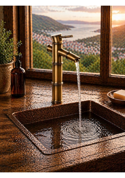 Lüx Premium Eskitme Detaylı Çanak Lavabo Bataryası Bakır
