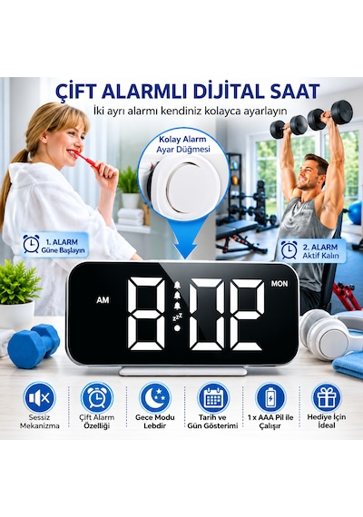 12h/24h Dijital Led Saat, Üç Ses Seviyesi, Çift Alarm, Rgb 10 Gece Lambası, 5 Parlaklık Seviyesi Siyah