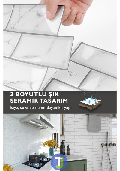 Technojet 3boyut Seramik Efekt Kendinden Yapışkanlı Beyaz Mermer Pvc Mutfak Tezgah Kaplama 30cm 30cm
