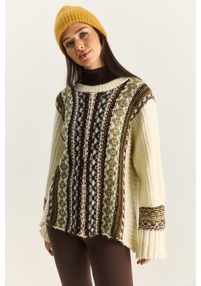 Shade Kadın Etnik Desenli Oversize Bisiklet Yaka Kalın Triko Kazak 2529 60283875 - Krem