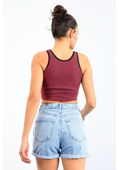 Tommy Life Bordo Basic Sıfır Kol Dar Kalıp U Yaka Kadın Crop Top Atlet - 97162 Bordo