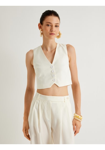 Koton Koton X Melis Ağazat - Crop Yelek V Yaka Tencel Kumaş Kırık Beyaz 4sak20094pw Ekru
