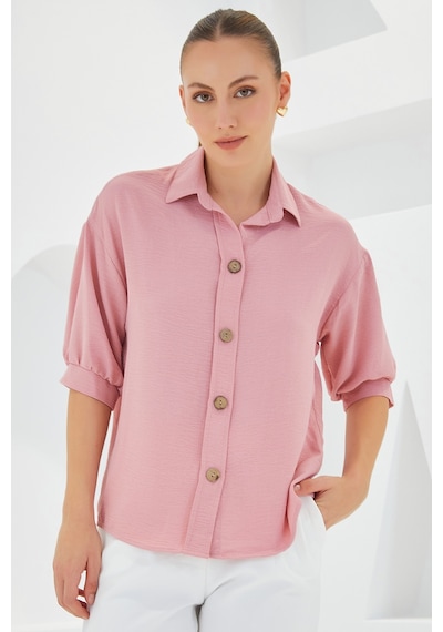 Bigdart Kadın Pembe Kısa Kol Oversize Keten Gömlek 20240 20240bgd19-035-14866 001