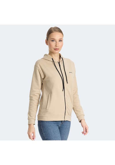 Slazenger KINET Kadın Fermuarlı Kapüşonlu Cepli Bej Sweatshirt