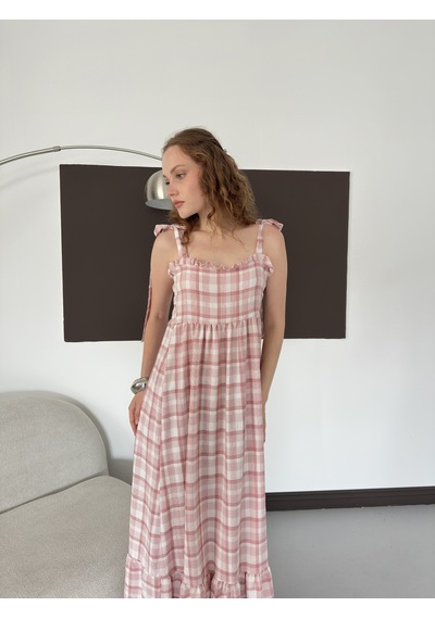 Verymoda Kadın Ekose Desenli Askı Bağlama Detaylı Maxi Elbise Pembe
