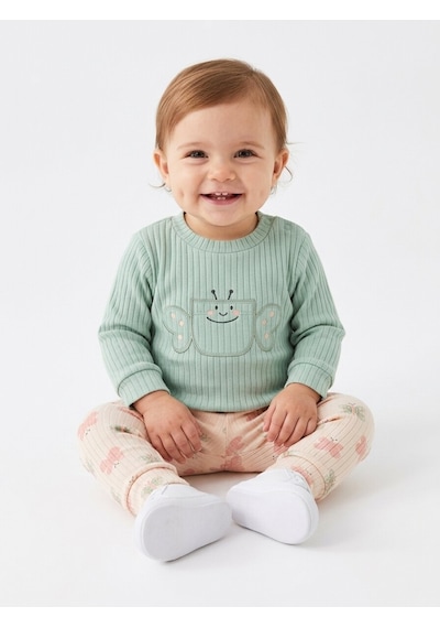 HelloBaby Pamuklu Kelebek Detaylı Taytlı 2li Kız Bebek Takım Yeşil Yesil