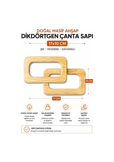 Vollen Yarn Doğal Masif Ahşap Dikdörtgen Çanta Sapı 17x10 Cm 1 Çift 2 Adet El Yapımı Çanta Kulpu Çanta Aksesuarı Krem