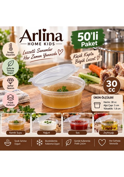 30 Cc Kendinden Kapaklı Sıcağa Dayanıklı Sos & Saklama Kabı 50 Li Paket Şeffaf