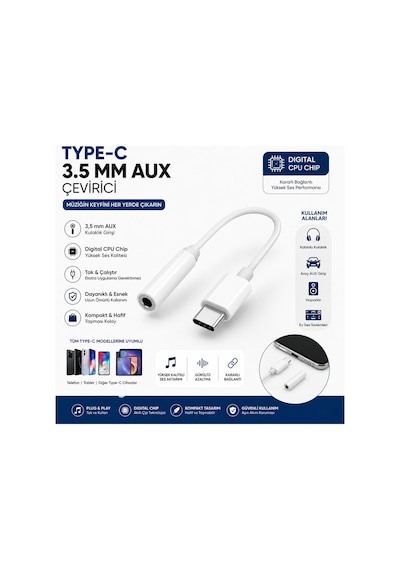 Type C 3.5 Mm Aux Kulaklık Dönüştürücü Çevirici Digital Cpu Chip Tüm Type C Cihazlarla Uyumlu