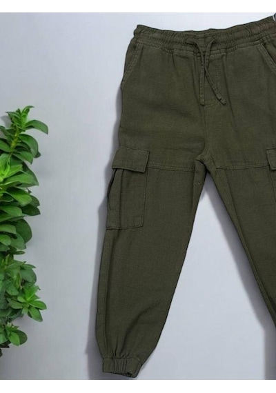 Jack Lions Erkek Çocuk Bel Paça Laslikli Keten Kargo Pantolon-14562 Haki