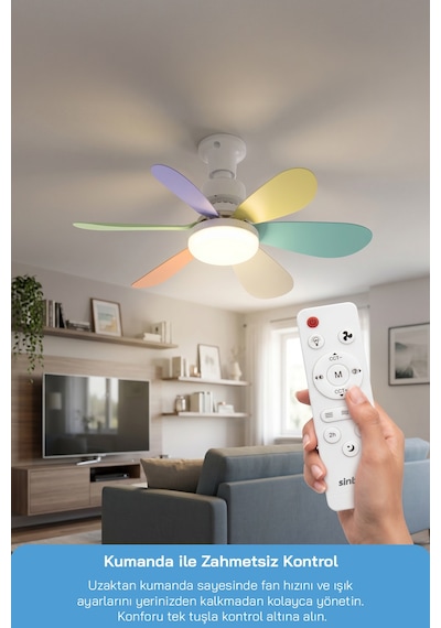 Sf-7708 3 Led Aydınlatmalı Sessiz Tavan Vantilatörü Kumandalı 6 Kanatlı