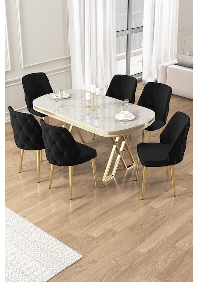 Canisa Afe Serisi 90x168 Lak Panel Beyaz Mermer Desen Gold Ayak Masa Takımı 6 Siyah Sandalye Beyaz Mermer Desen Masa Sandalyeler Siyah Canisa Afe Serisi 90x168 Lak Panel Beyaz Mermer Desen Gold Ayak Masa Takımı 6 Siyah Sandalye Beyaz Mermer Desen Masa Sandalyeler Siyah