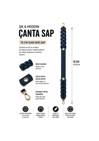Vollen Yarn Suni Deri Örgü Çanta Sapı 70 Cm Metal Karabinalı Çanta Askısı Çanta Aksesuarı Lacivert