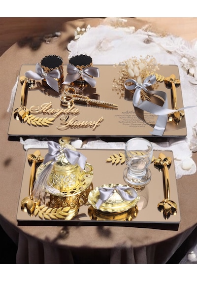 Harmony Gold Söz Nişan Tepsisi Ve Damat Kahve Fincan Tepsisi Gri Gri