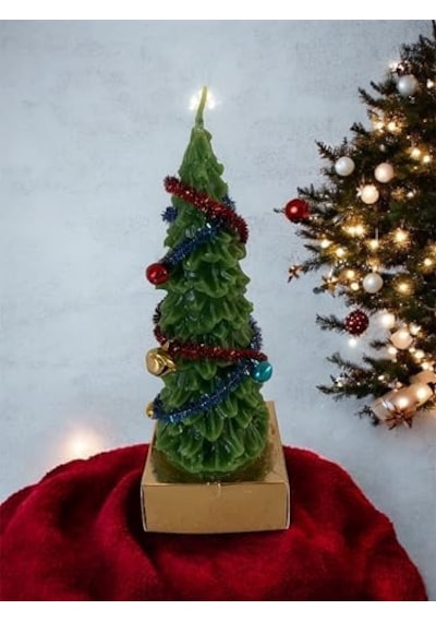 Dekoratif Noel Ağacı Mumu, El Yapımı Yeşil Balmumu, Tinsel Ve Süslemeli, Yılbaşı Temalı, 15 Cm 50 x 22