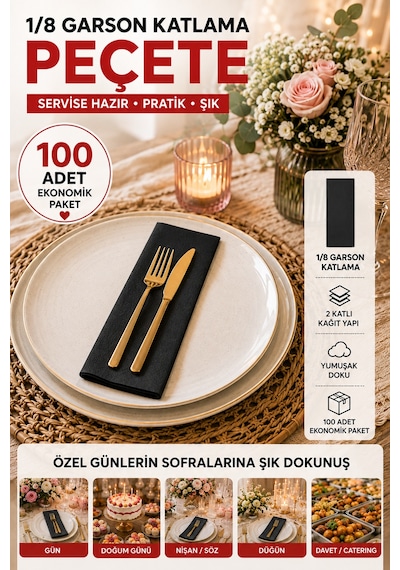 33x33 Cm Siyah Garson Katlama Peçete 100 Adet 2 Katlı Kadınlar Günü Davet Parti Sofra Kağıt Peçetesi