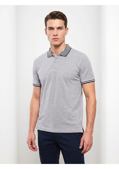 Giyim Dünyası Erkek Yaka Çizgili Polo Yaka Kısa Kol Tshirt Gri