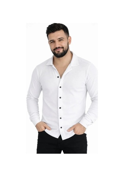 Hazego Erkek Waffle Kumaş Uzun Kollu Düğmeli Açık Yaka Regular Fit Gömlek - Beyaz