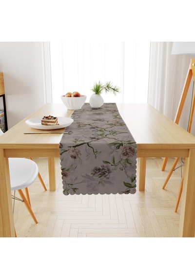 Sarmaşık Çiçek Desenli Vizon Zemin Yeşil Yaprak Dijital Baskılı Petek Dokuma Runner 40x140