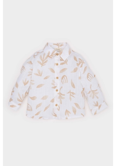 DeFacto Erkek Bebek Desenli Flamlı Poplin Uzun Kollu Gömlek B9257A525SPBG319 Bej